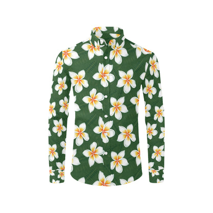 White Plumeria Pattern Print Design PM020 Men's Long Sleeve Shirt