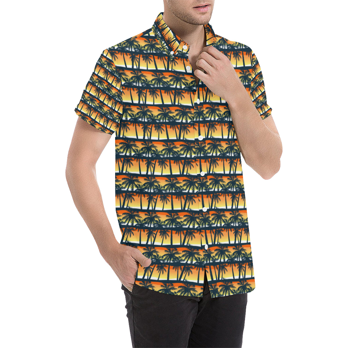 Palm Tree Sunset Design Print Men's Short Sleeve Button Up Shirt