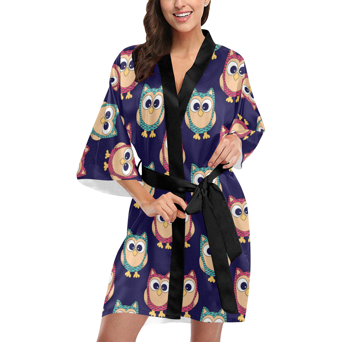 Owl Pattern Print Design A06 Women's Short Kimono