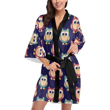 Owl Pattern Print Design A06 Women's Short Kimono