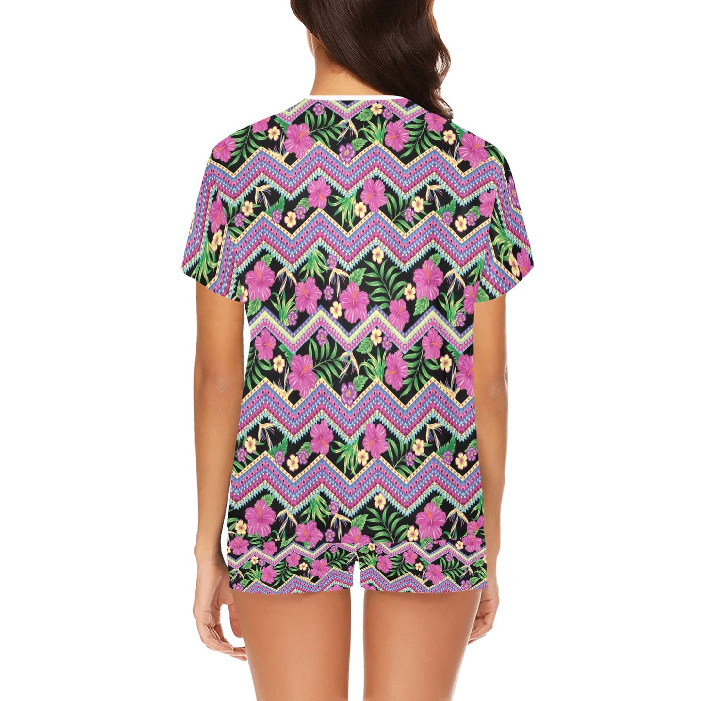 Hibiscus Pink Zigzag Line Pattern Design LKS307 Women's Short Pajama Set