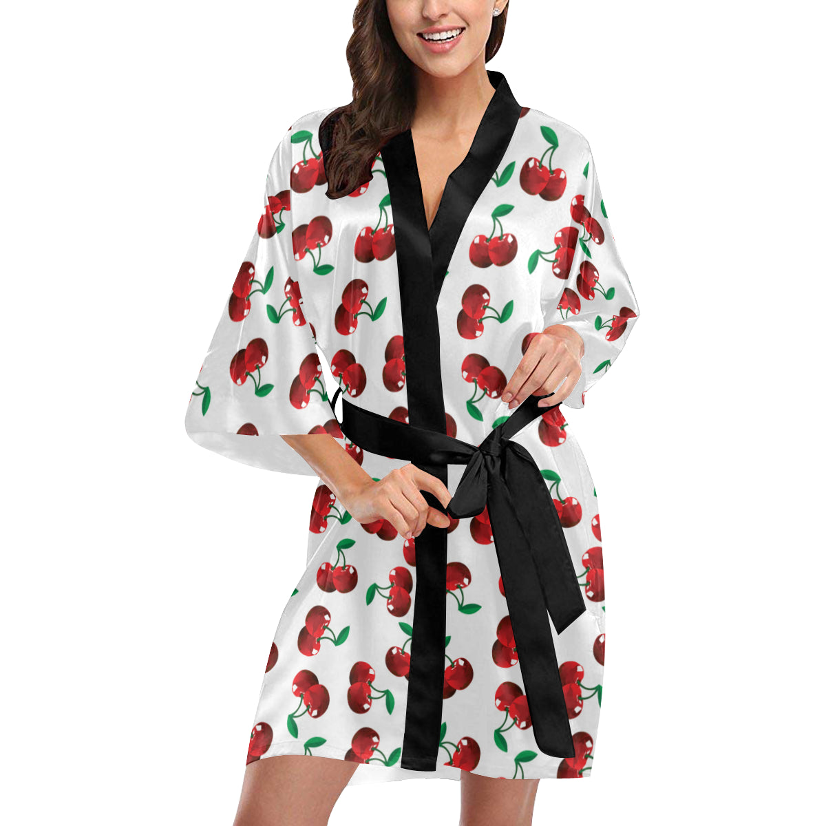 Cherry Pattern Print Design 01 Women's Short Kimono