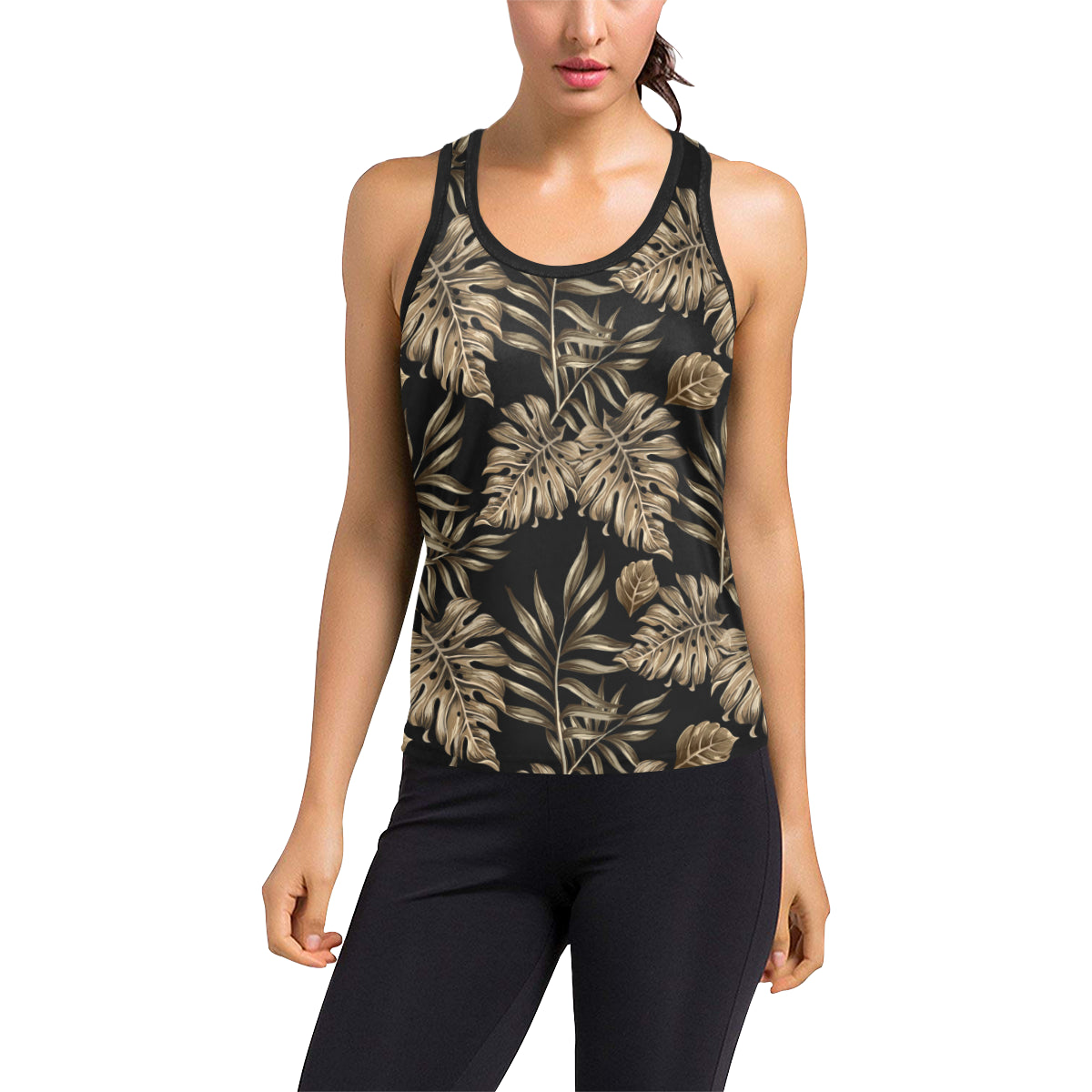 Brown Tropical Palm Leaves Women's Racerback Tank Top