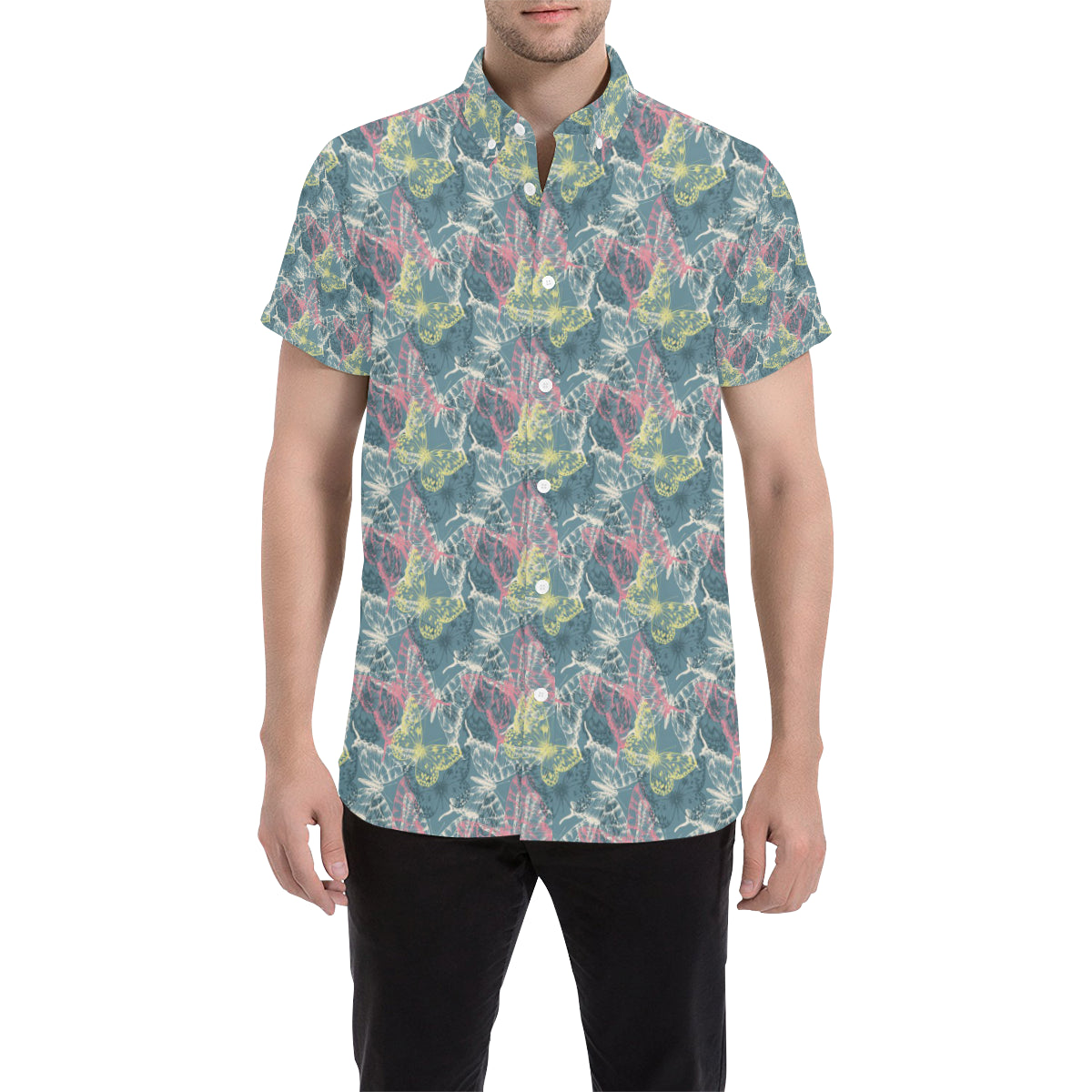 Butterfly Pattern Print Design 01 Men's Short Sleeve Button Up Shirt