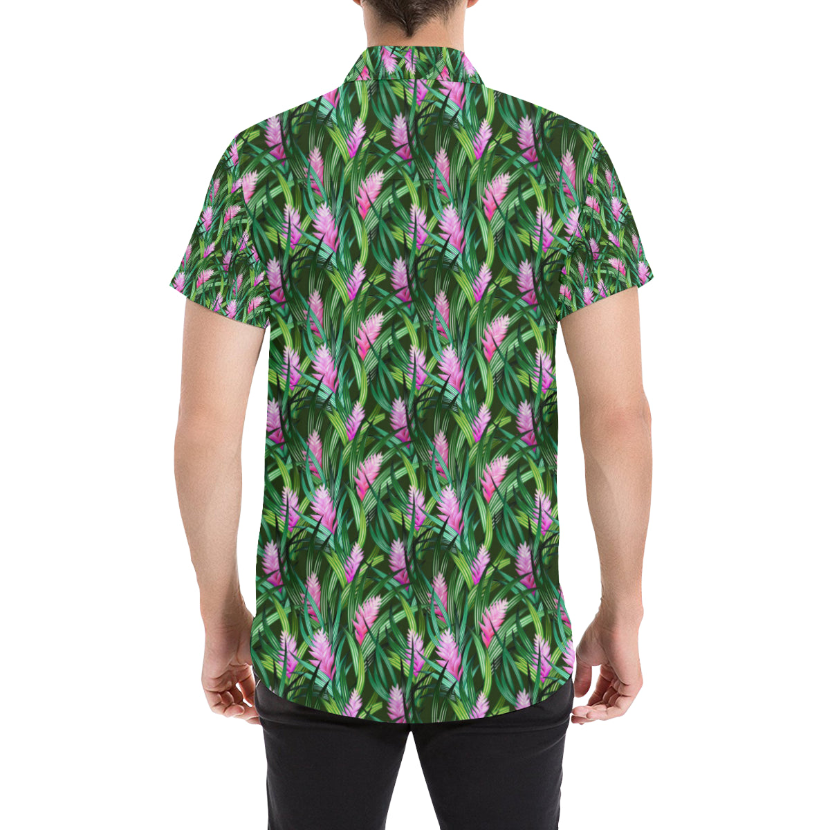 Tropical Folower Pink Heliconia Print Men's Short Sleeve Button Up Shirt