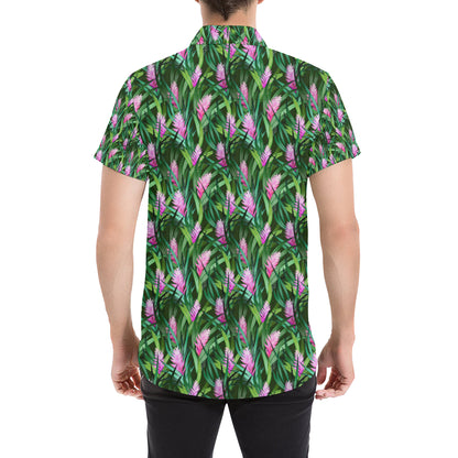 Tropical Folower Pink Heliconia Print Men's Short Sleeve Button Up Shirt