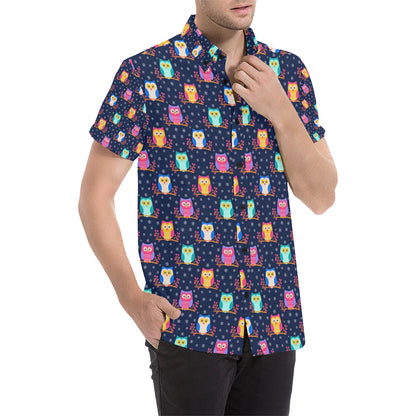 Owl Cute Themed Design Print Men's Short Sleeve Button Up Shirt