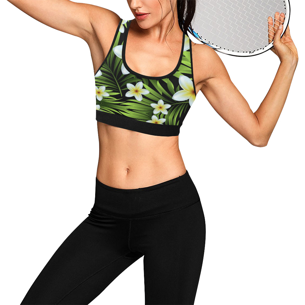 White Plumeria Pattern Print Design PM06 Sports Bra