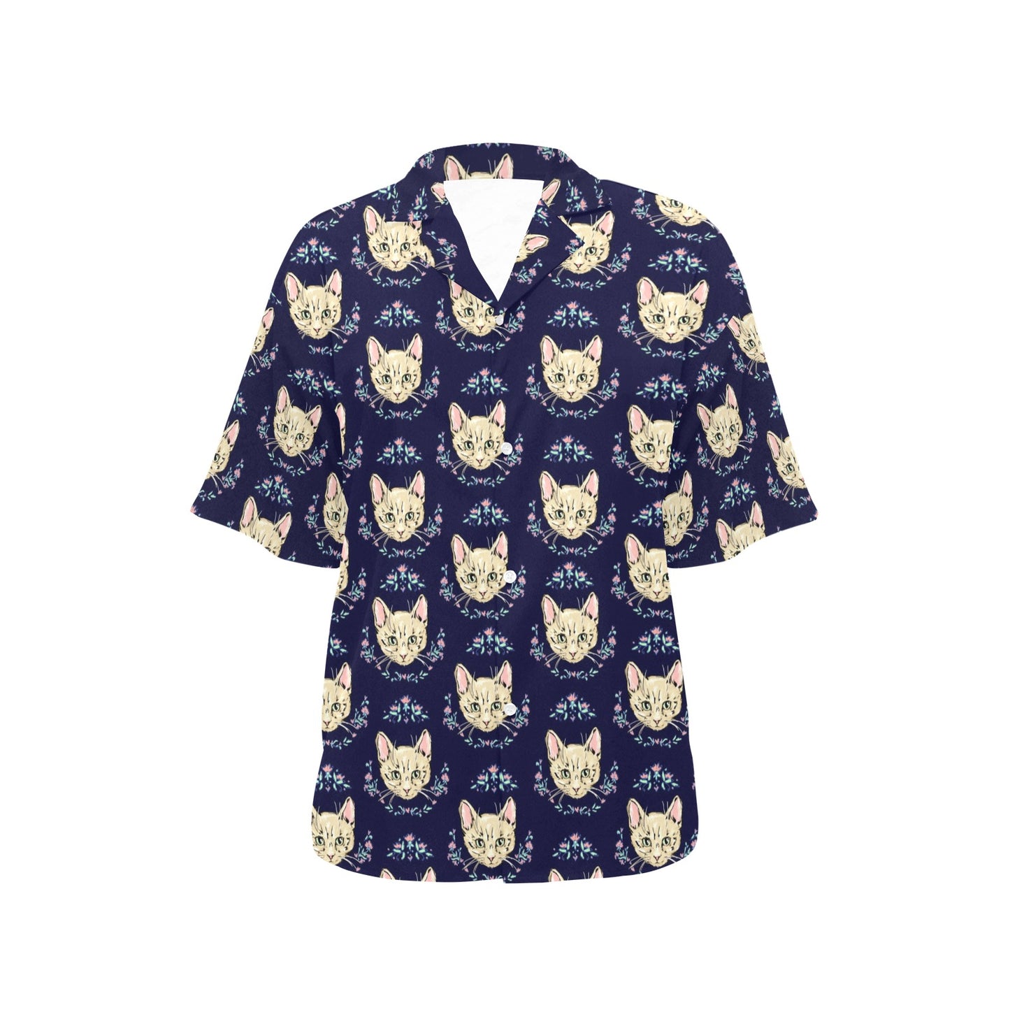 Cat Head with flower Print Pattern Women's Hawaiian Shirt