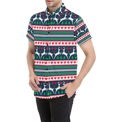 Reindeer Pattern Print Design 03 Men's Short Sleeve Button Up Shirt