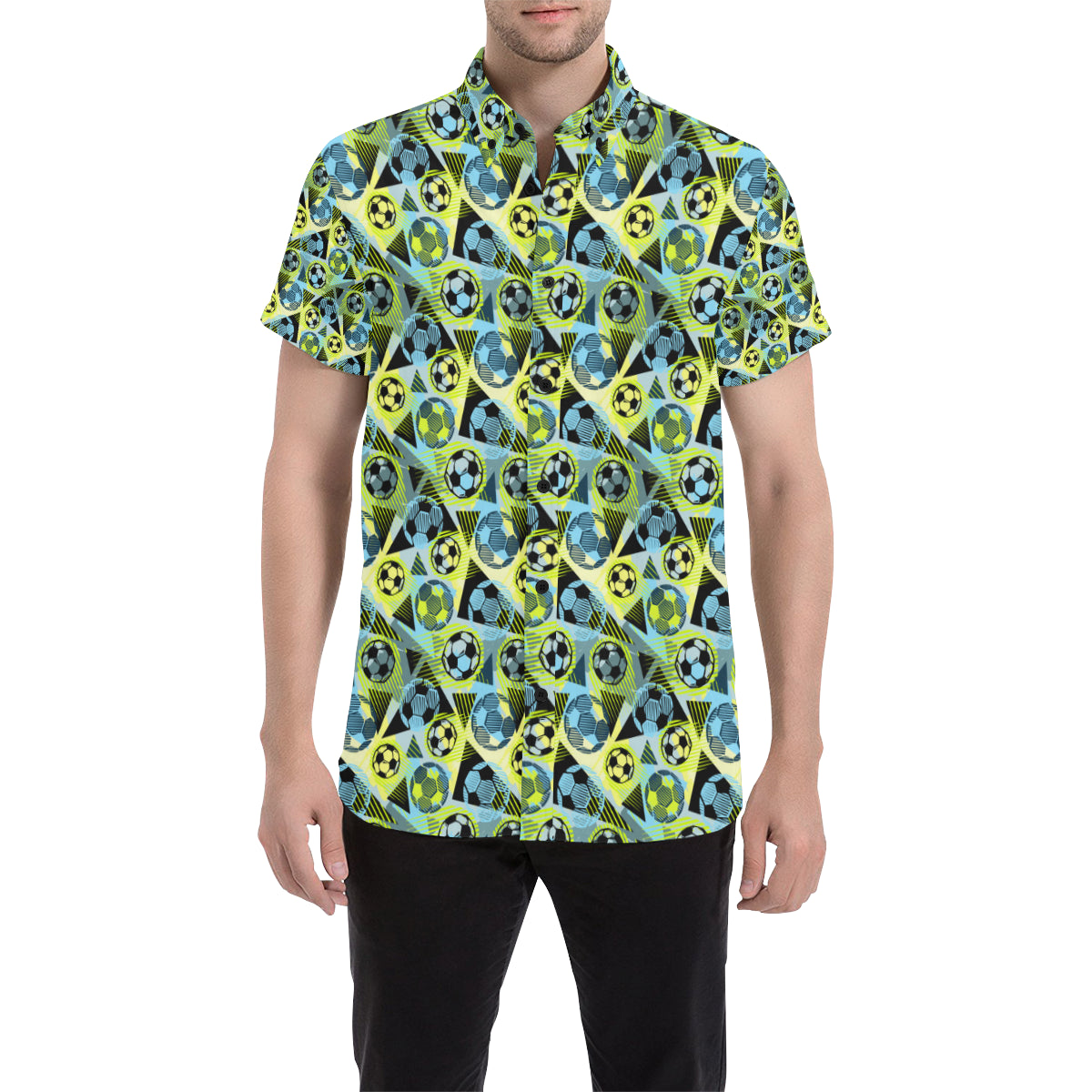 Soccer Ball Themed Print Design Men's Short Sleeve Button Up Shirt