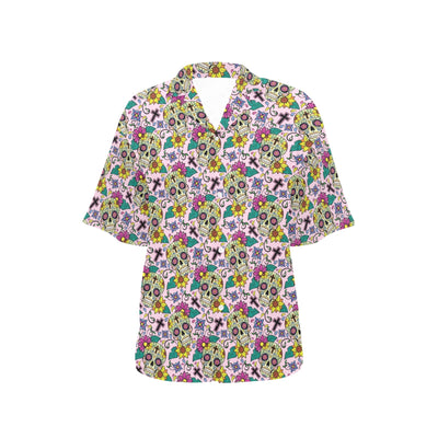 Sugar Skull Print Design LKS307 Women's Hawaiian Shirt