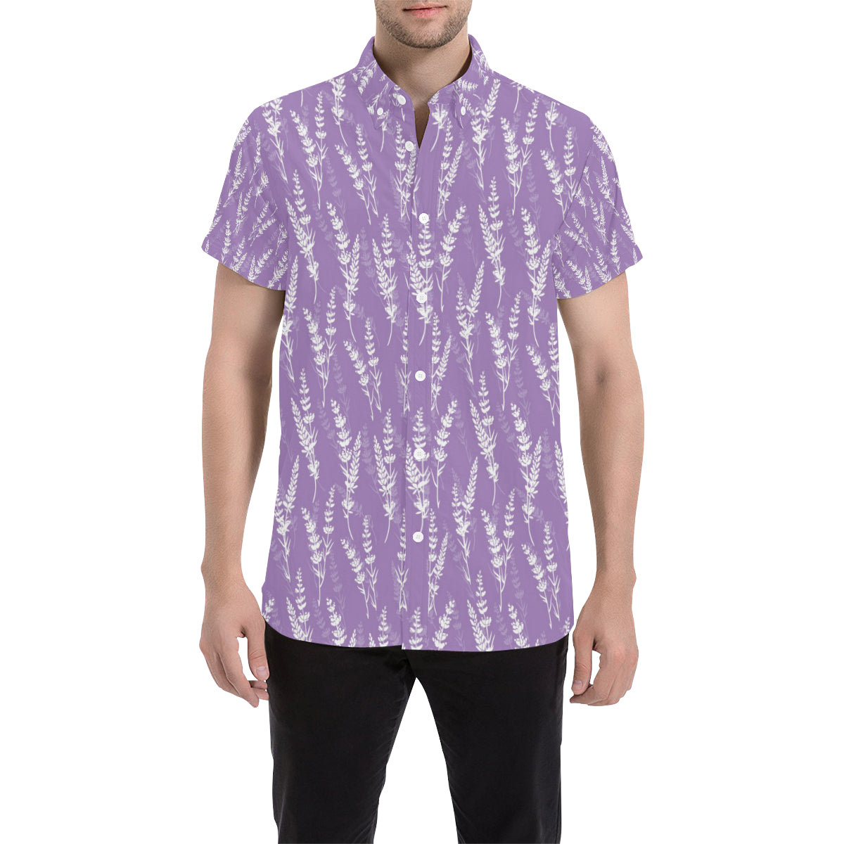 Lavender Pattern Print Design LV08 Men's Short Sleeve Button Up Shirt