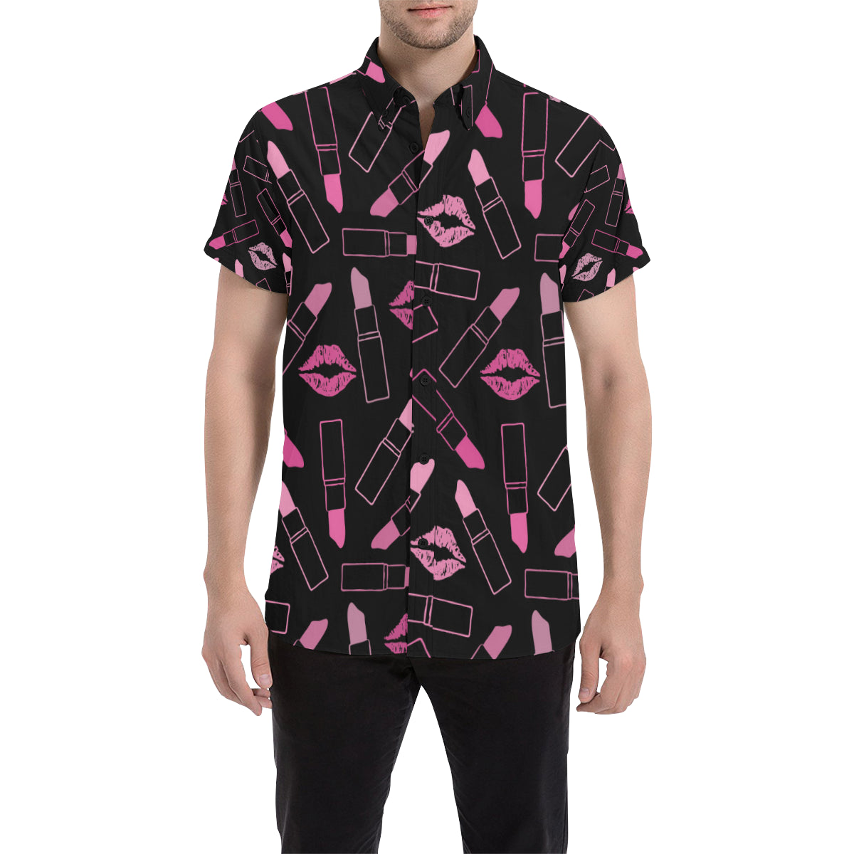 Lipstick Pink Pattern Print Design 01 Men's Short Sleeve Button Up Shirt