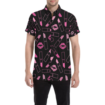 Lipstick Pink Pattern Print Design 01 Men's Short Sleeve Button Up Shirt