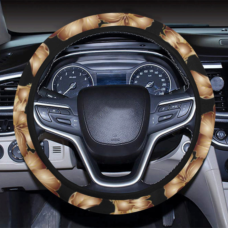 Brown Hibiscus Pattern Print Design HB06 Steering Wheel Cover with Elastic Edge