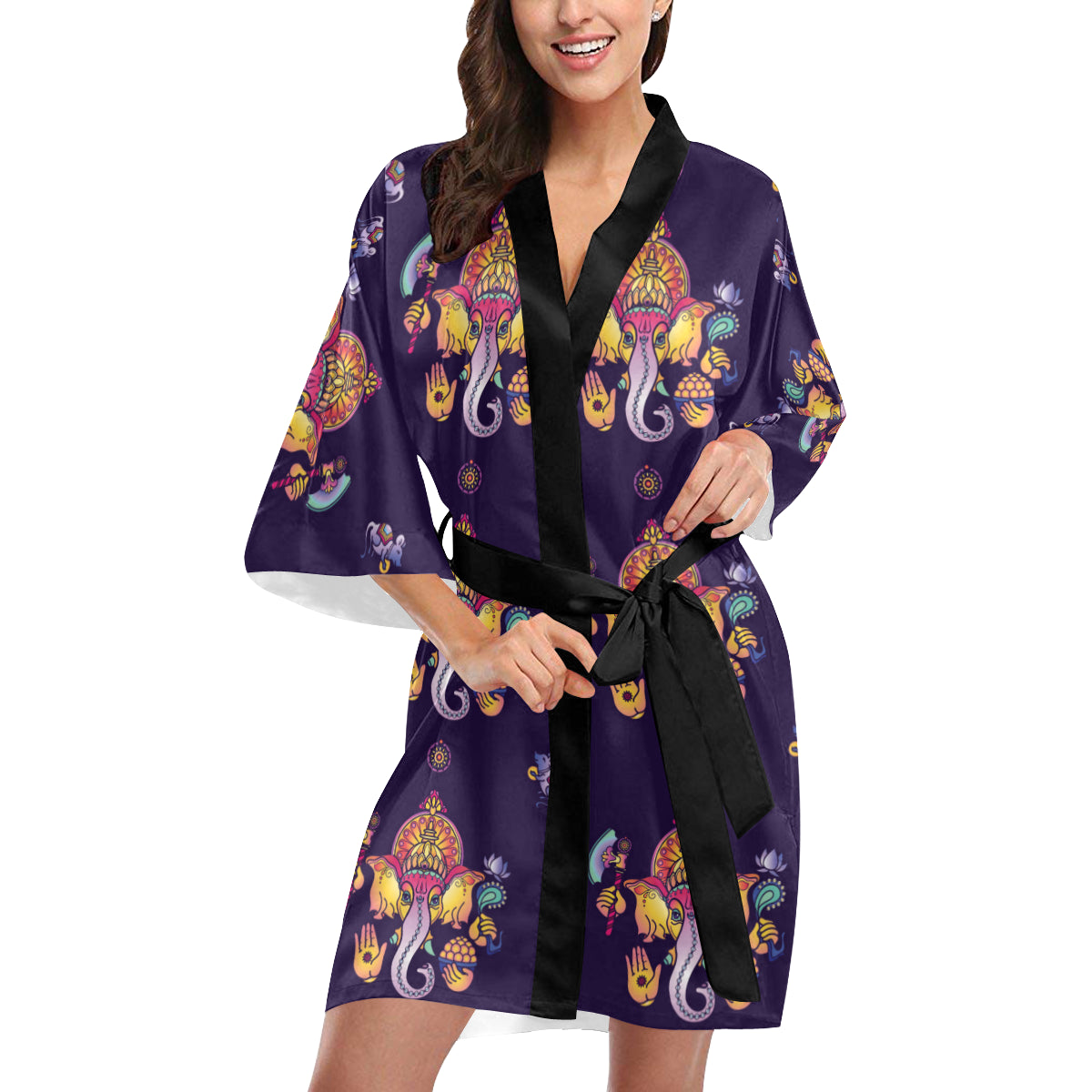Ganesha Pattern Print Design 04 Women's Short Kimono