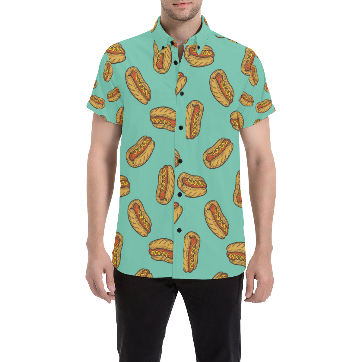 Hot Dog Pattern Print Design 04 Men's Short Sleeve Button Up Shirt