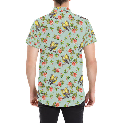 Bird with Red Flower Print Pattern Men's Short Sleeve Button Up Shirt