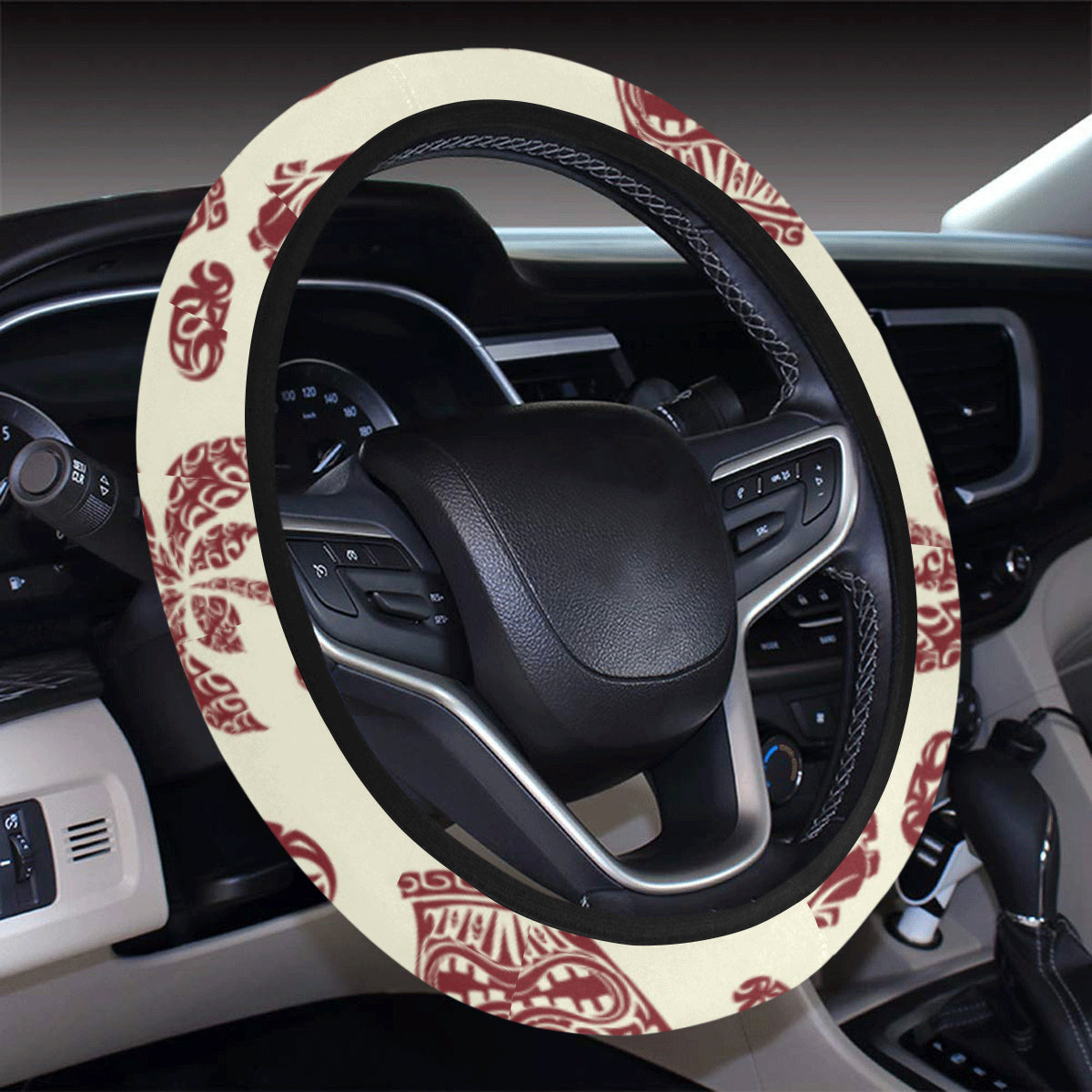 Tiki Tribal Mask Palm Tree Steering Wheel Cover with Elastic Edge