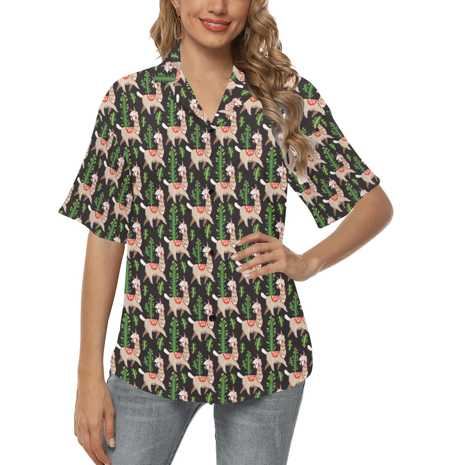 Alpaca Cactus Design Themed Print Women's Hawaiian Shirt