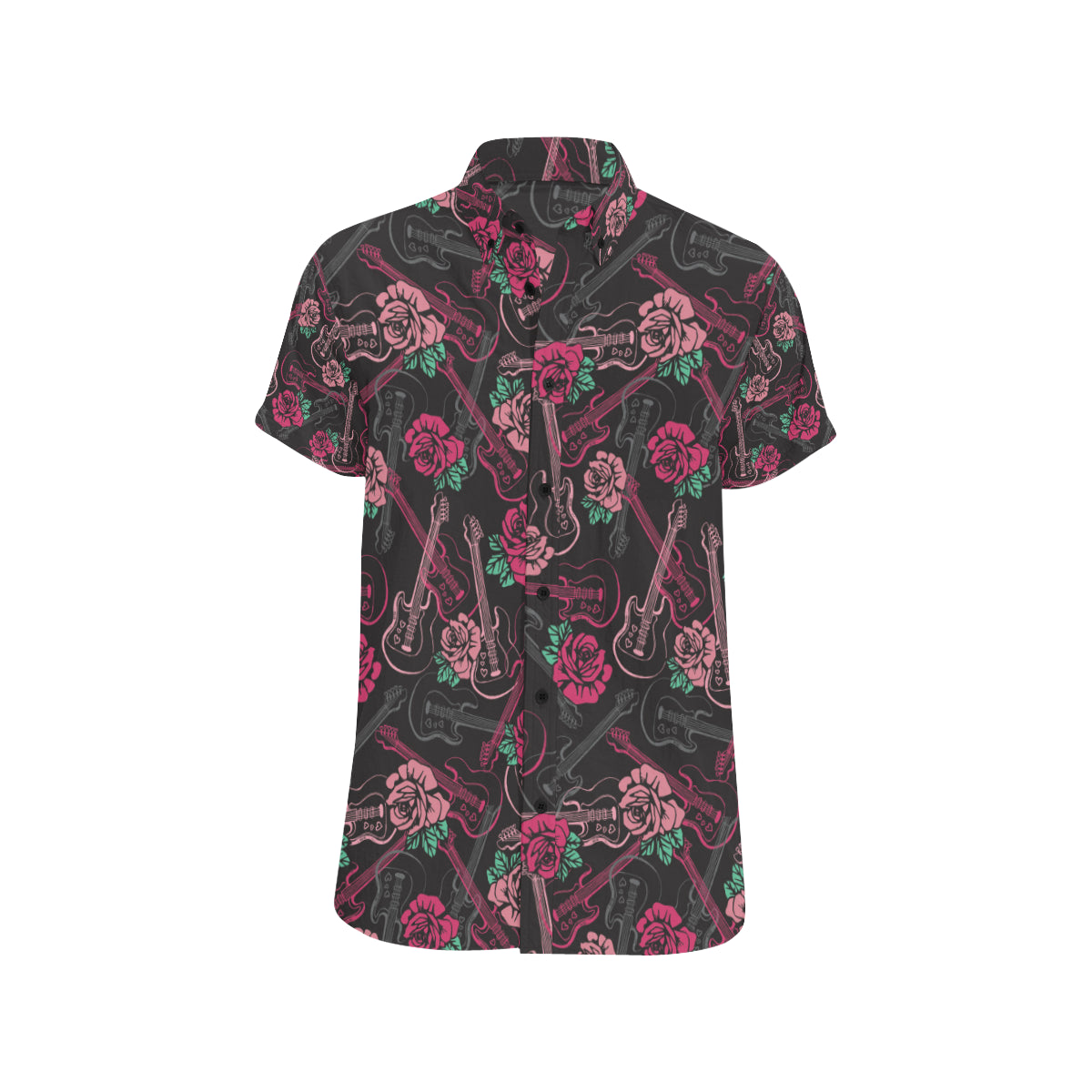Bass Guitar Pink Rose Pattern Print Design 01 Men's Short Sleeve Button Up Shirt
