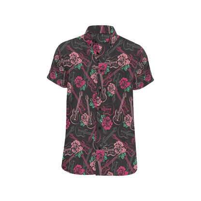 Bass Guitar Pink Rose Pattern Print Design 01 Men's Short Sleeve Button Up Shirt