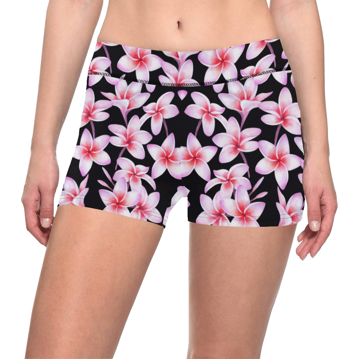 Pink Plumeria Pattern Print Design PM09 Yoga Shorts