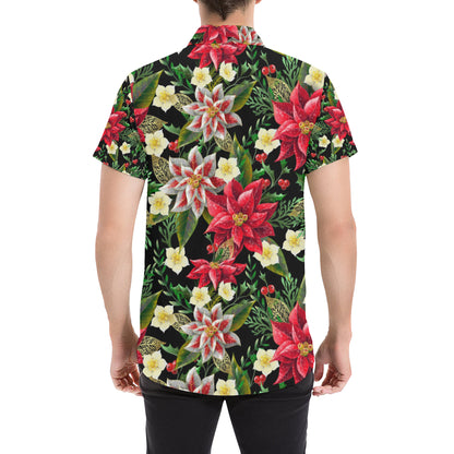 Poinsettia Pattern Print Design POT05 Men's Short Sleeve Button Up Shirt