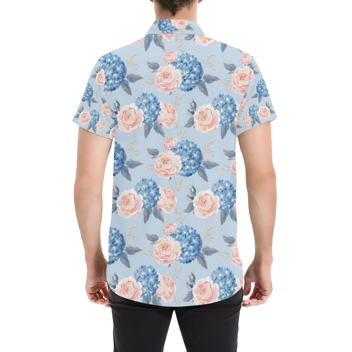 Hydrangea Pattern Print Design HD06 Men's Short Sleeve Button Up Shirt