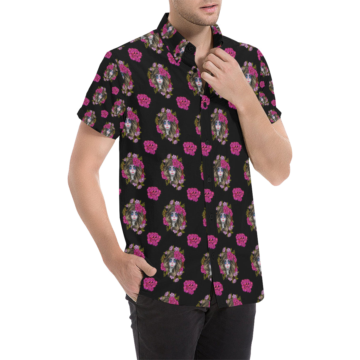 Day of the Dead Makeup Girl Men's Short Sleeve Button Up Shirt