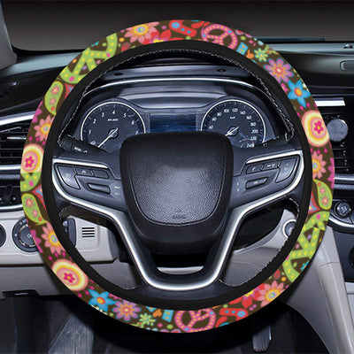 Flower Power Peace Paisley Themed Print Steering Wheel Cover with Elastic Edge