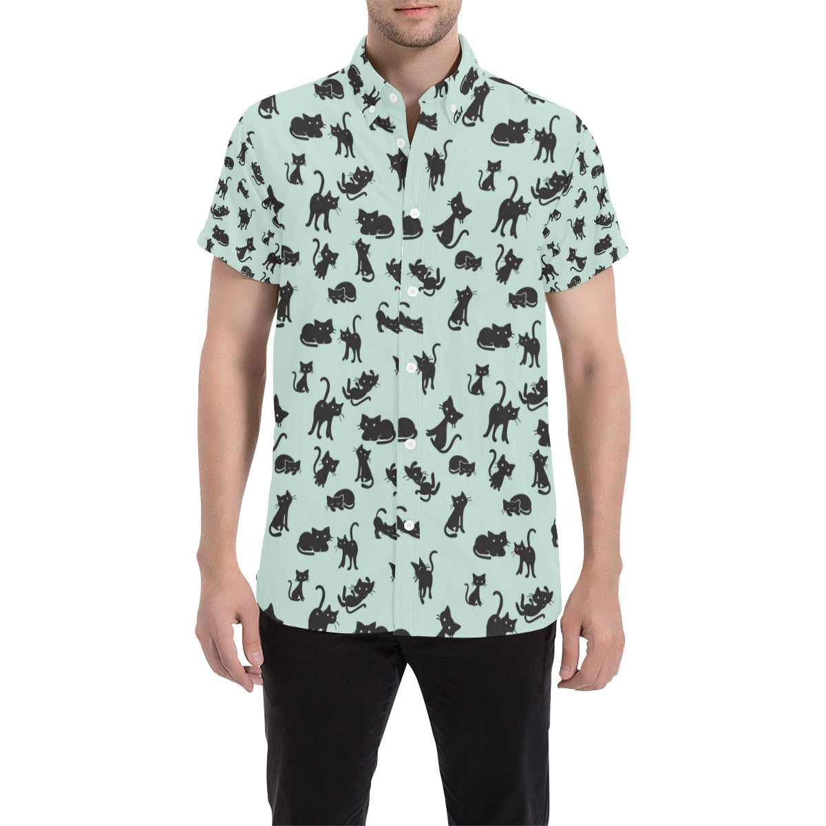 Black Cat Pattern Print Design 04 Men's Short Sleeve Button Up Shirt