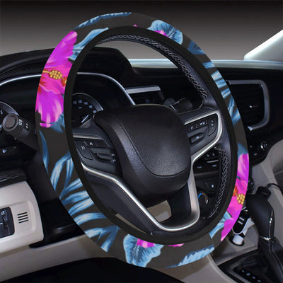 Neon Pink Hibiscus Pattern Print Design HB015 Steering Wheel Cover with Elastic Edge