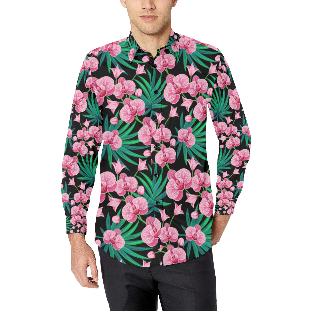Orchid Pink Pattern Print Design OR06 Men's Long Sleeve Shirt