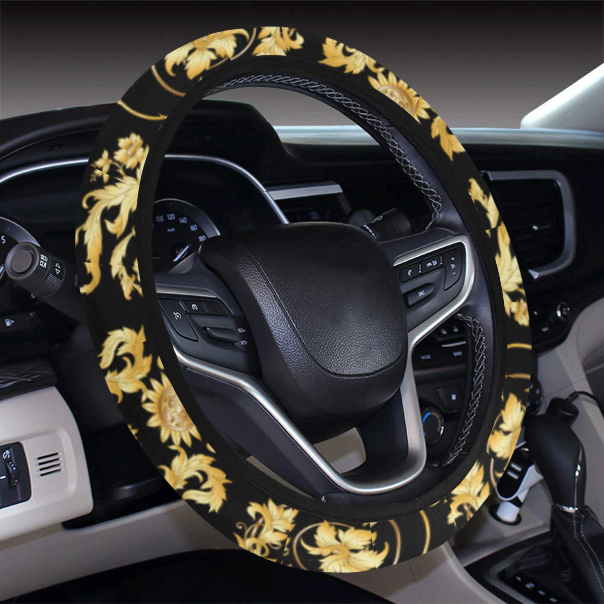 Baroque Golden Pattern Print Design 04 Steering Wheel Cover with Elastic Edge