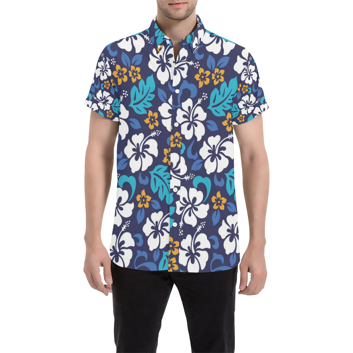 Hibiscus Pattern Print Design HB030 Men's Short Sleeve Button Up Shirt