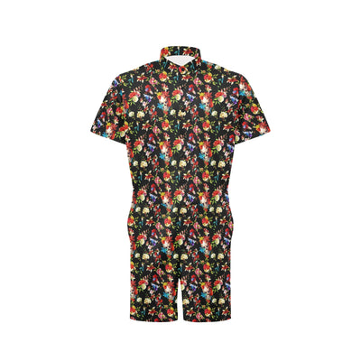 Skull Roses Flower Design Themed Print Men's Romper