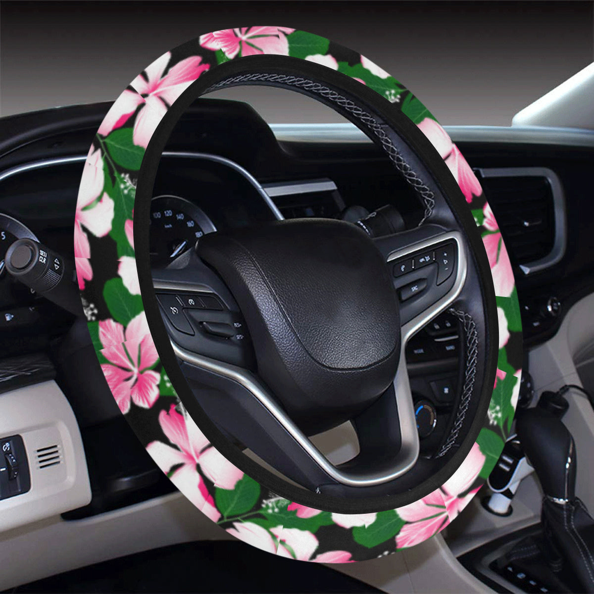 Hibiscus Pink Flower Hawaiian Print Steering Wheel Cover with Elastic Edge