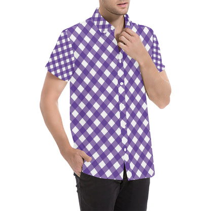 Gingham Purple Pattern Print Design 03 Men's Short Sleeve Button Up Shirt
