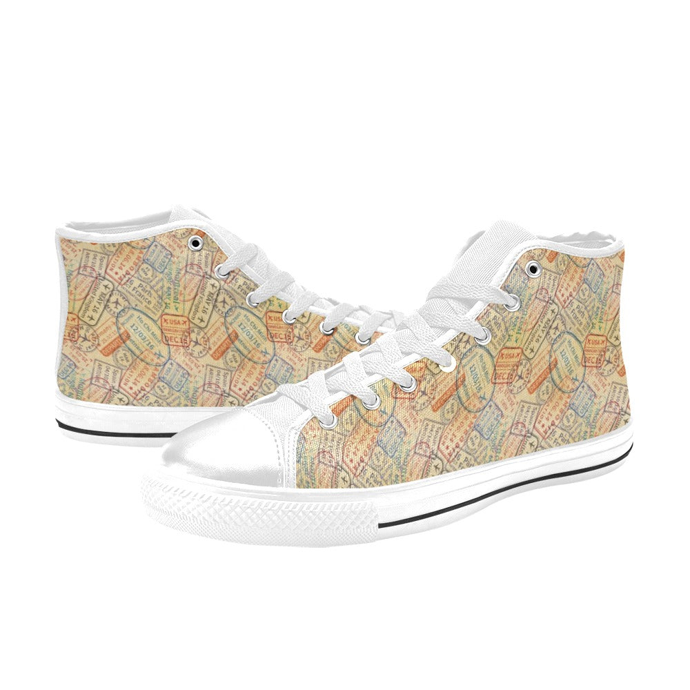 Travel Stamp Print Design LKS302 High Top Women's White Shoes