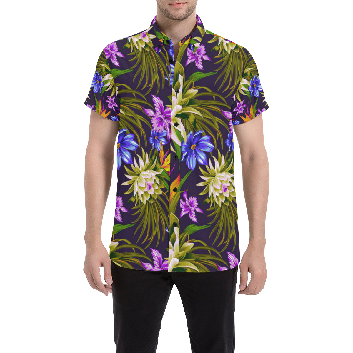 Water Lily Pattern Print Design WL08 Men's Short Sleeve Button Up Shirt