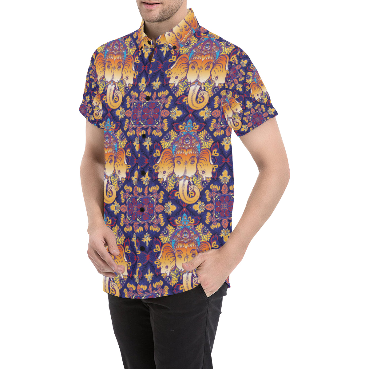 Ganesha Pattern Print Design 01 Men's Short Sleeve Button Up Shirt