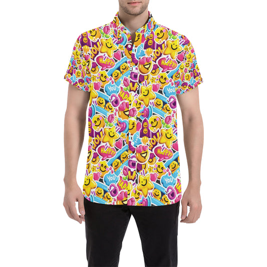 Emoji Sticker Print Pattern Men's Short Sleeve Button Up Shirt