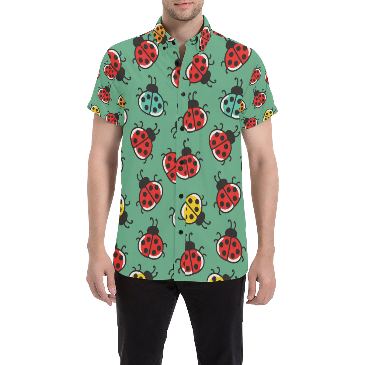 Ladybug Pattern Print Design 02 Men's Short Sleeve Button Up Shirt