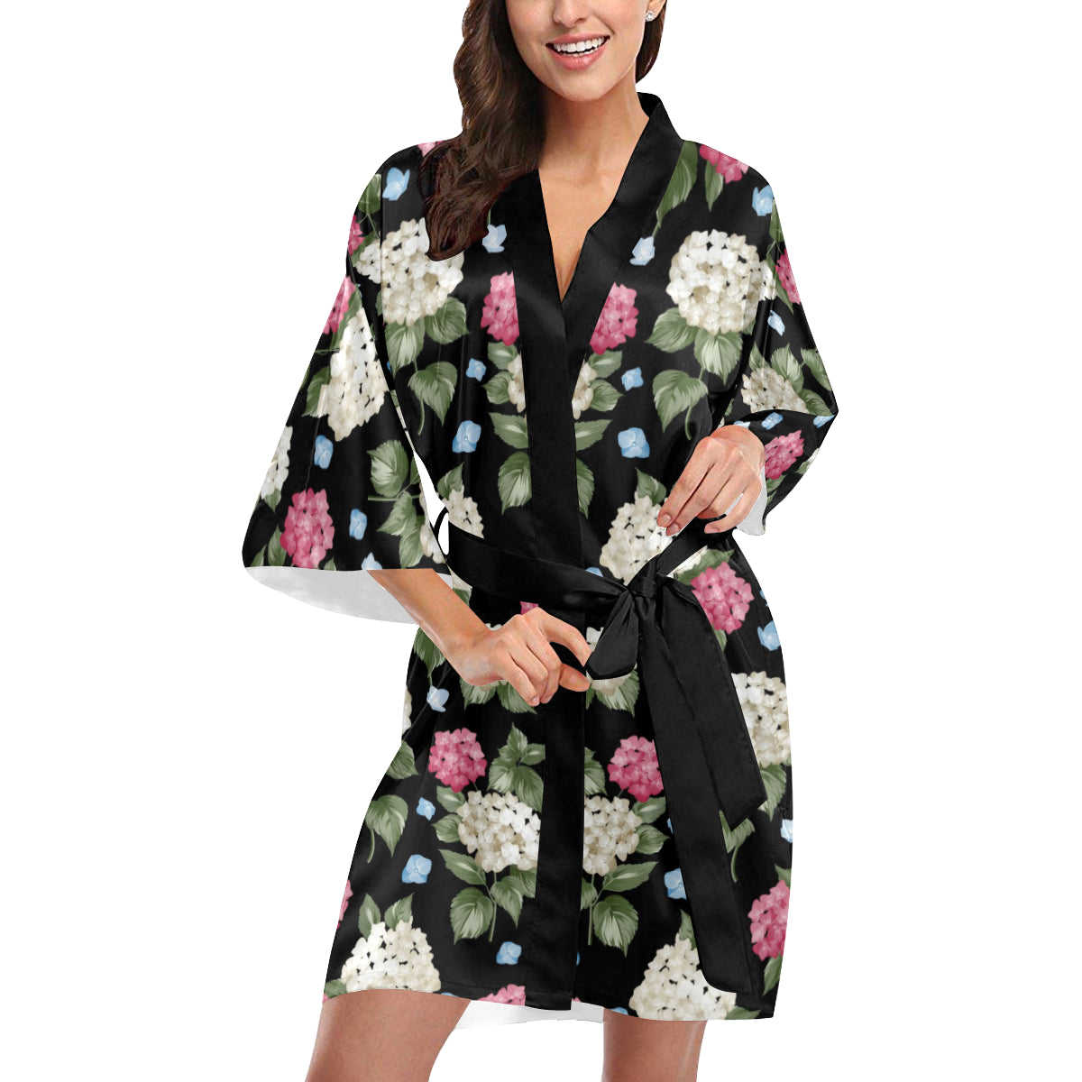 Hydrangea Pattern Print Design HD09 Women Kimono Robe