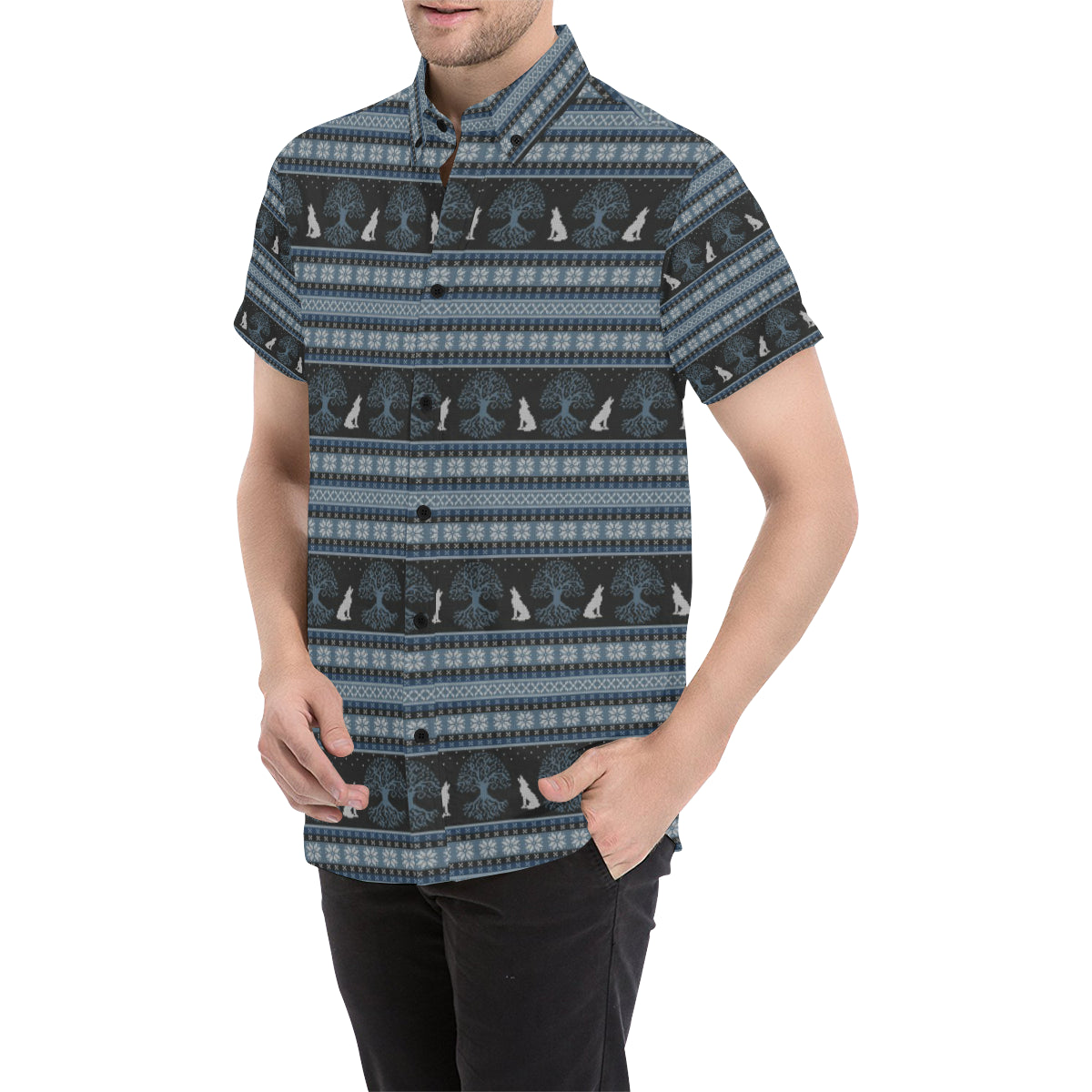 Wolf Tree of Life Knit Design Print Men's Short Sleeve Button Up Shirt