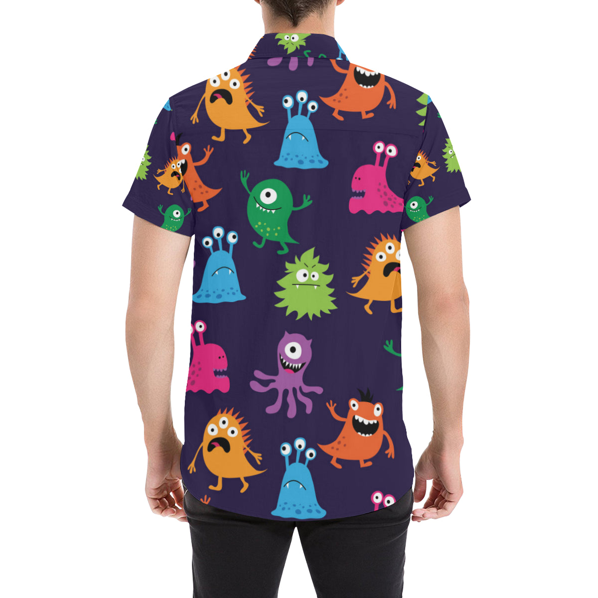 Monster Cartoon Pattern Print Design 02 Men's Short Sleeve Button Up Shirt