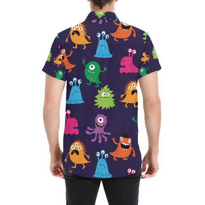 Monster Cartoon Pattern Print Design 02 Men's Short Sleeve Button Up Shirt