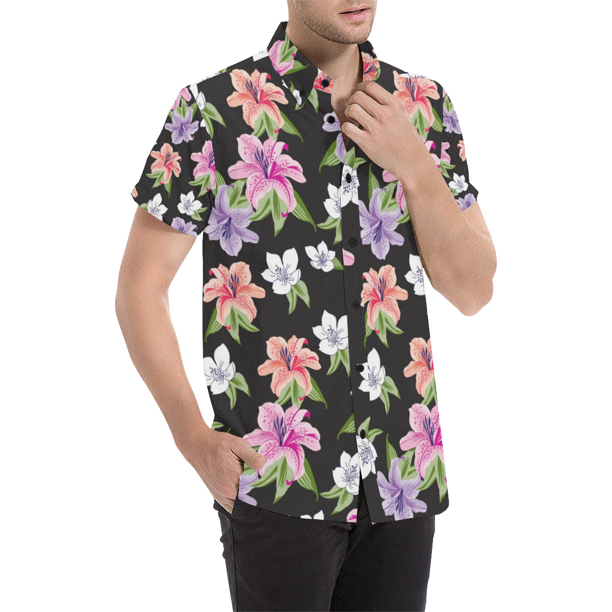 Lily Pattern Print Design LY02 Men's Short Sleeve Button Up Shirt